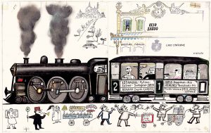 Original drawing for “…and Europe,” Look, January 1, 1952. B Movie, 1948. Ink, colored pencil, crayon, watercolor, pencil, rubber stamps, and collage on paper, 14 ½ x 23 1/8 in. The Art Institute of Chicago; Gift of The Saul Steinberg Foundation.