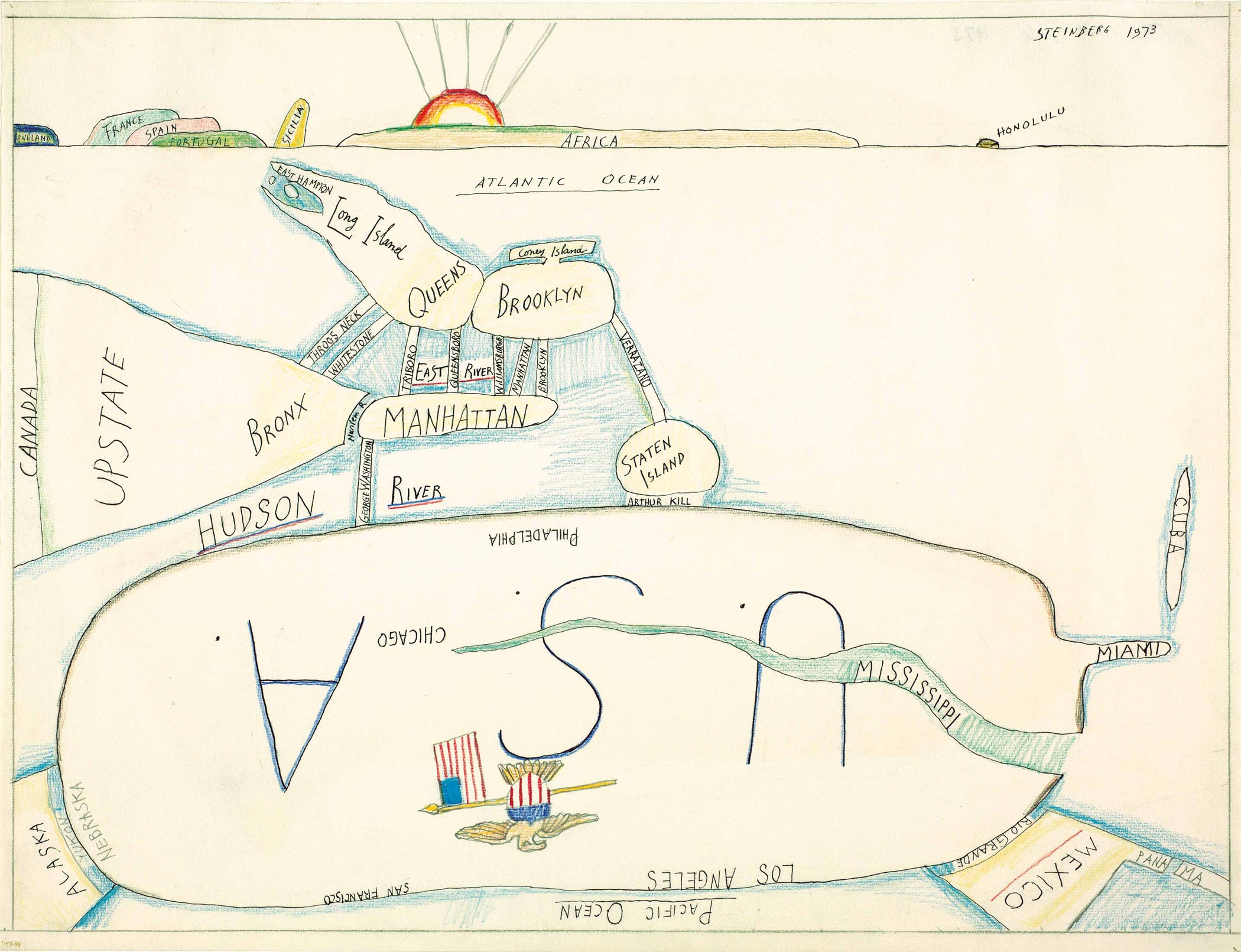 <em>The West Side</em>, 1973. Ink and colored pencil on paper, 19 x 25 in. Morgan Library & Museum, New York; Gift of The Saul Steinberg Foundation.