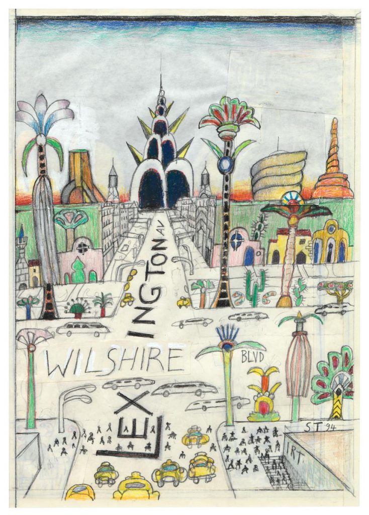 Original drawing for <em>The New Yorker</em> cover, February 13, 1995. <em>Lexington and Wilshire I</em>, 1994. Colored pencil, crayon, and pencil on paper, 16 x 11 ½ in. Private collection.