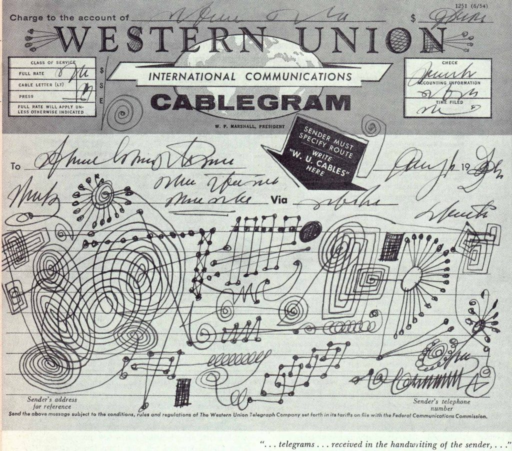 Drawing and collage, from the series accompanying “A Forward Look at Communications.” Britannica Book of the Year, 1958.