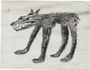 Propaganda drawing (Hitler as a two-faced wolf), produced by Morale Operations, OSS, Rome, 1944.
