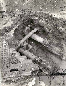Excavation 1951. Ink on gelatin silver print, 13 7/8 x 10 7/8 in. Private collection.