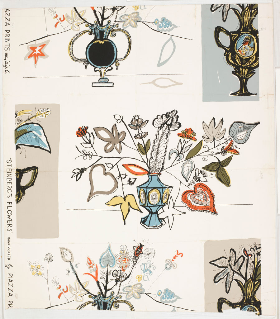<em>Steinberg’s Flowers</em>, c. 1950-55. Screen print on paper for Piazza Prints. Cooper-Hewitt National Design Museum, New York.