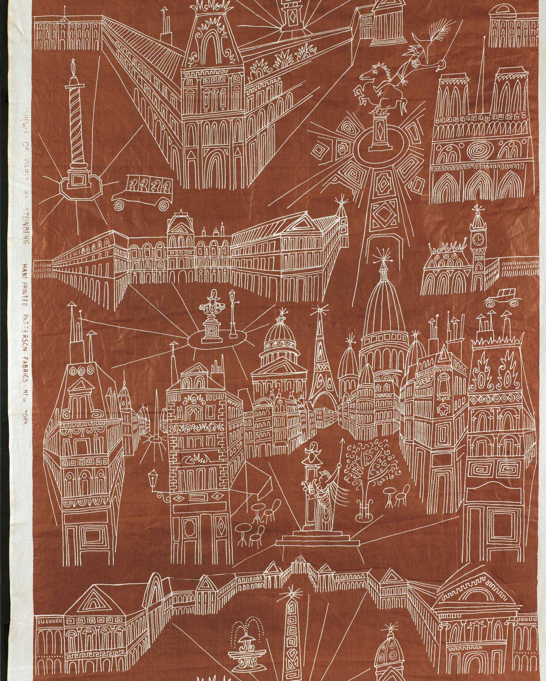 <em>Views of Paris</em>, 1946-49. Silk textile for Patterson Fabrics. The Saul Steinberg Foundation.