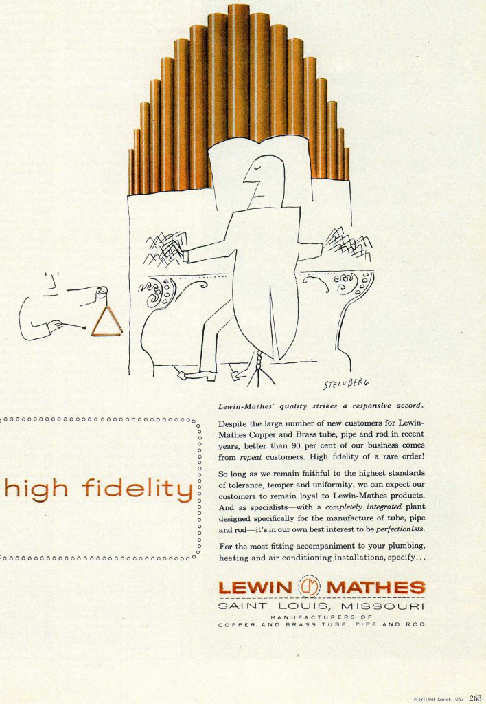 Advertisement for Lewin Mathes tubing and pipes, 1956-57.