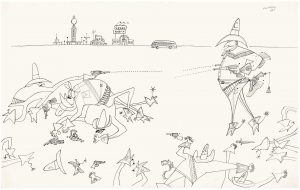 Cowboys, 1951. Ink on paper, 14 x 22 in. The Art Institute of Chicago; Gift of The Saul Steinberg Foundation.