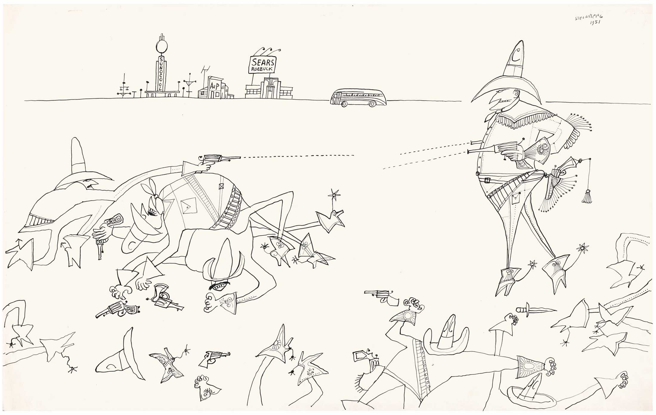 <em>Cowboys</em>, 1951. Ink on paper, 14 x 22 in. The Art Institute of Chicago; Gift of The Saul Steinberg Foundation.