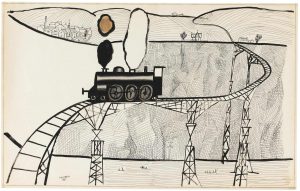Train, 1951. Ink, crayon, and pencil on paper, 14 ½ x 23 in. The Saul Steinberg Foundation.