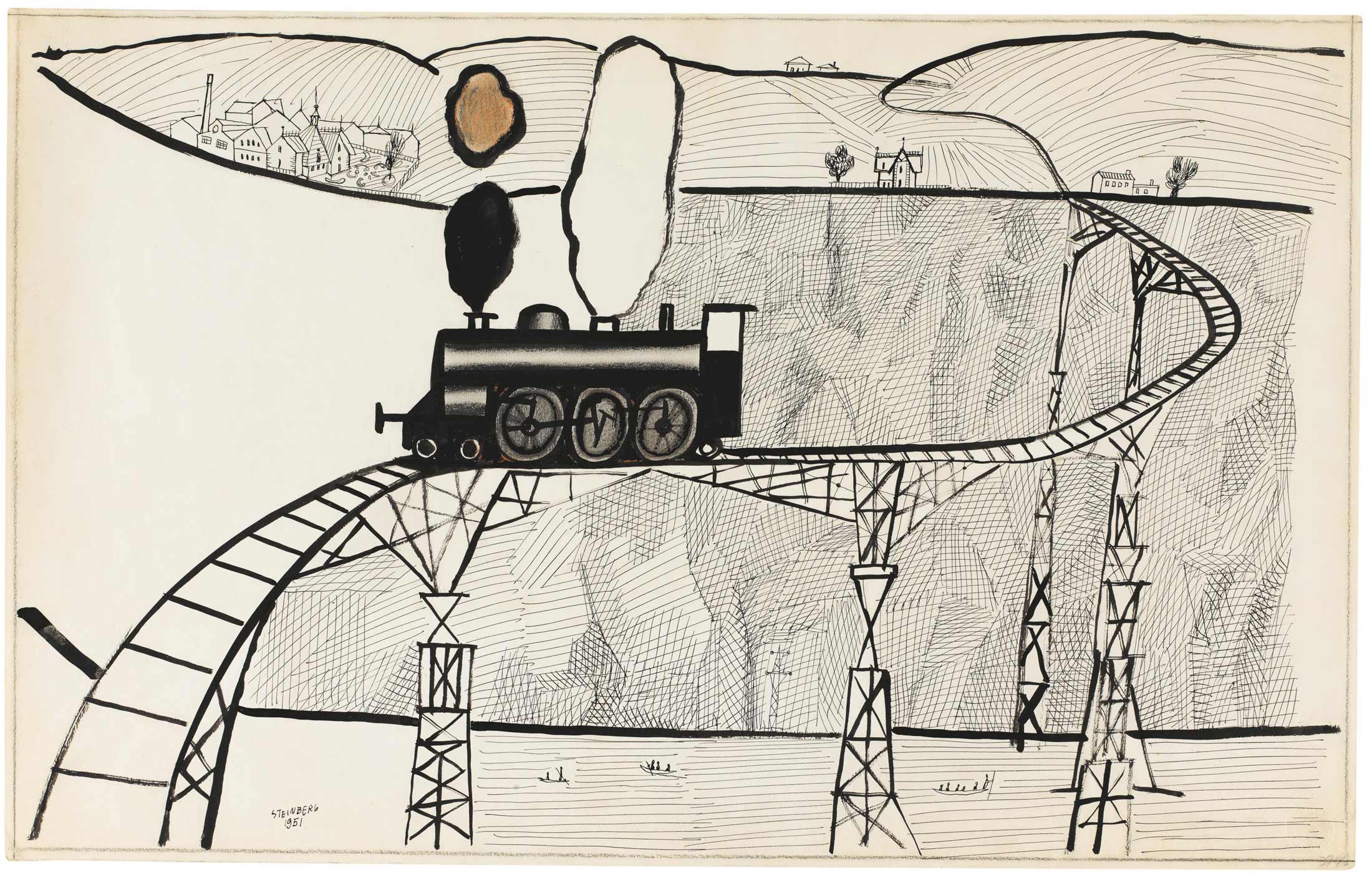 <em>Train</em>, 1951. Ink, crayon, and pencil on paper, 14 ½ x 23 in. The Saul Steinberg Foundation.