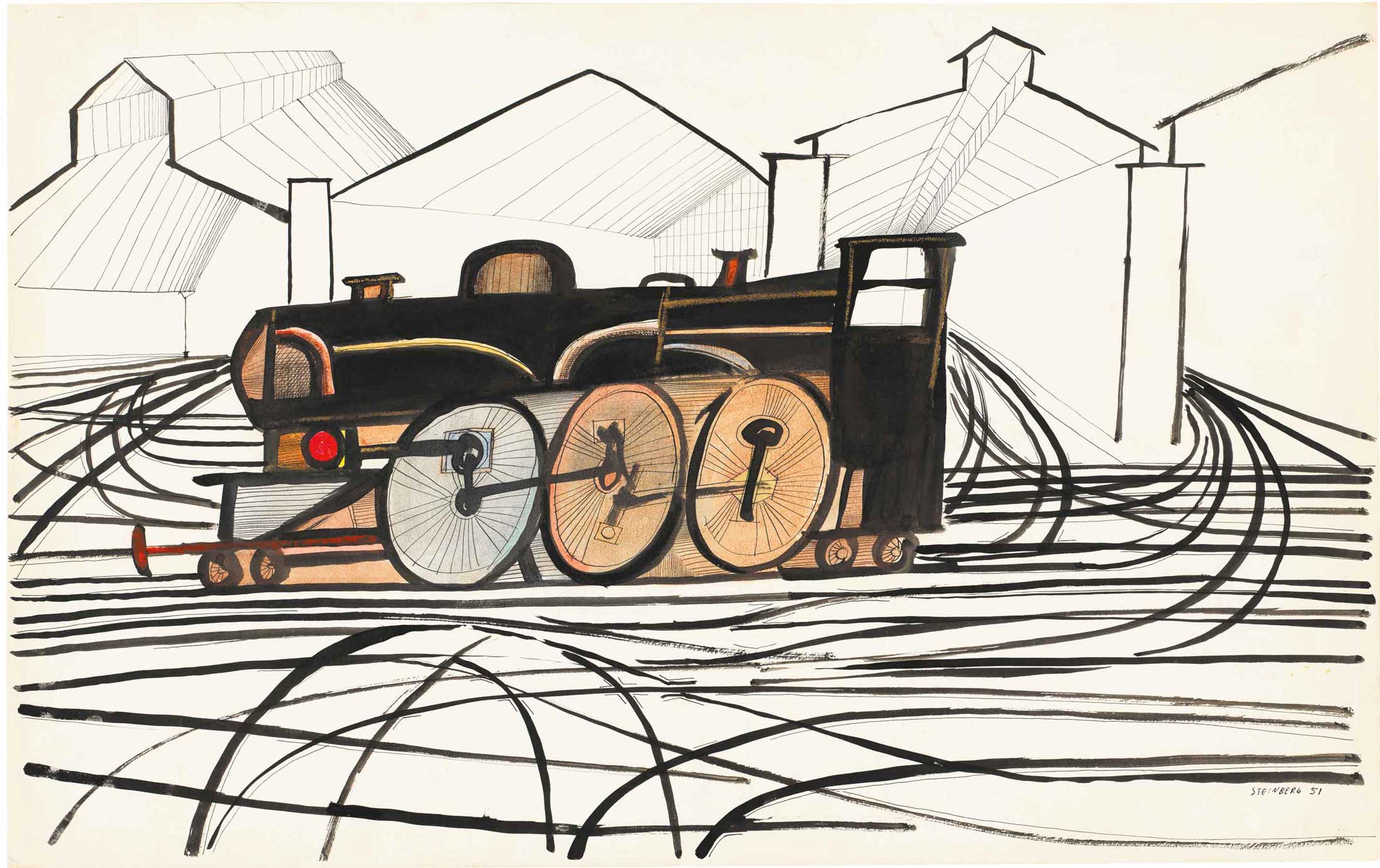 <em>Engine</em>, 1951. Ink and crayon on paper, 14 ½ x 23 in. Museum of Fine Arts, Boston; Gift of The Saul Steinberg Foundation.