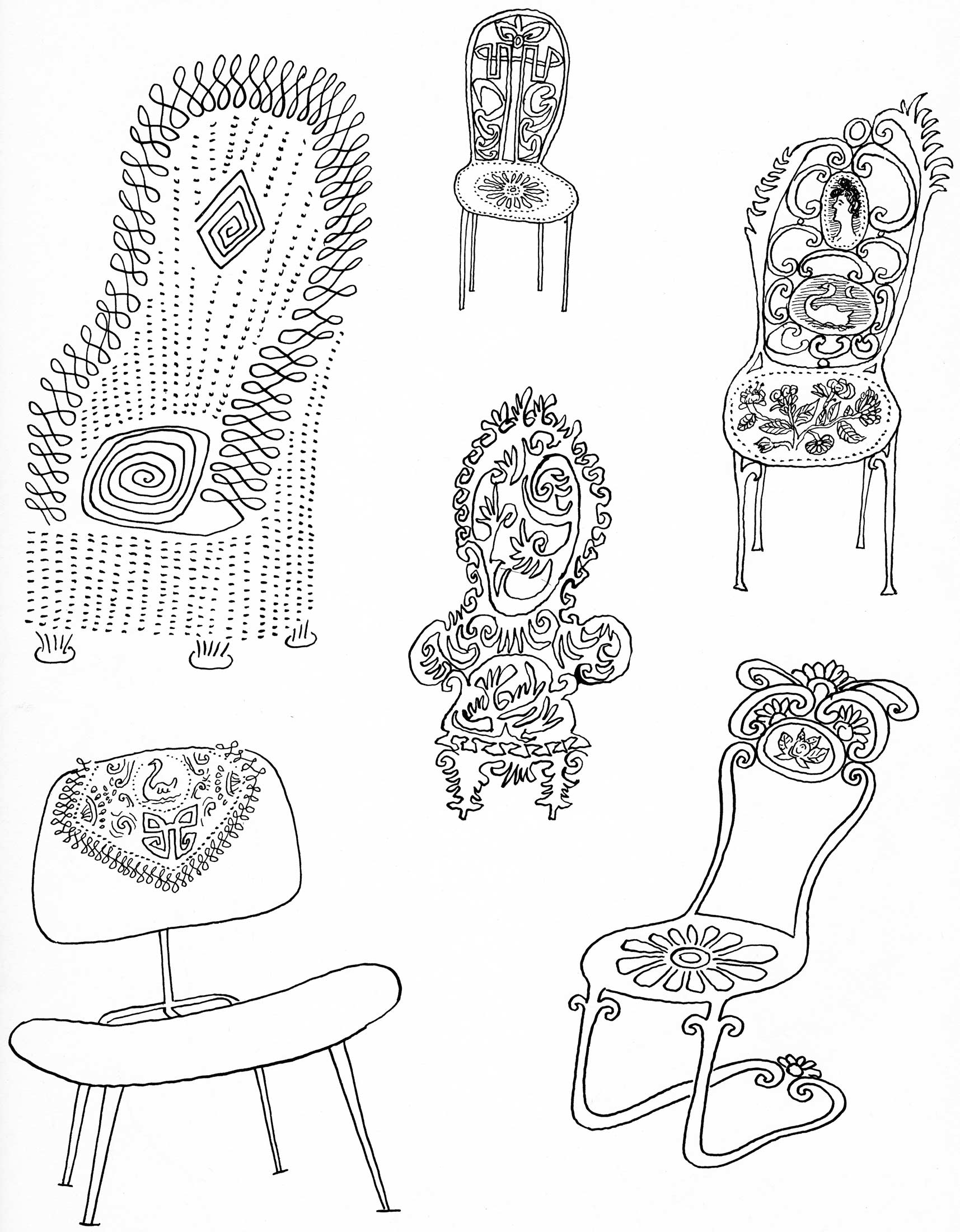 Page of lampoons of chair designs from <em>The Art of Living</em>, 1949.