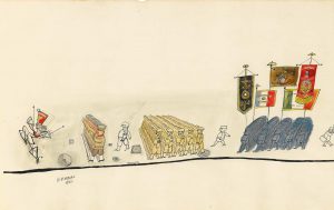 Panel 1 of Parade, 1951. Ink, crayon, and gold paper on paper, 14 9/16 x 23 1/16 in. The Metropolitan Museum of Art, New York; Purchase, Elihu Root, Jr. Gift and Rogers Fund.