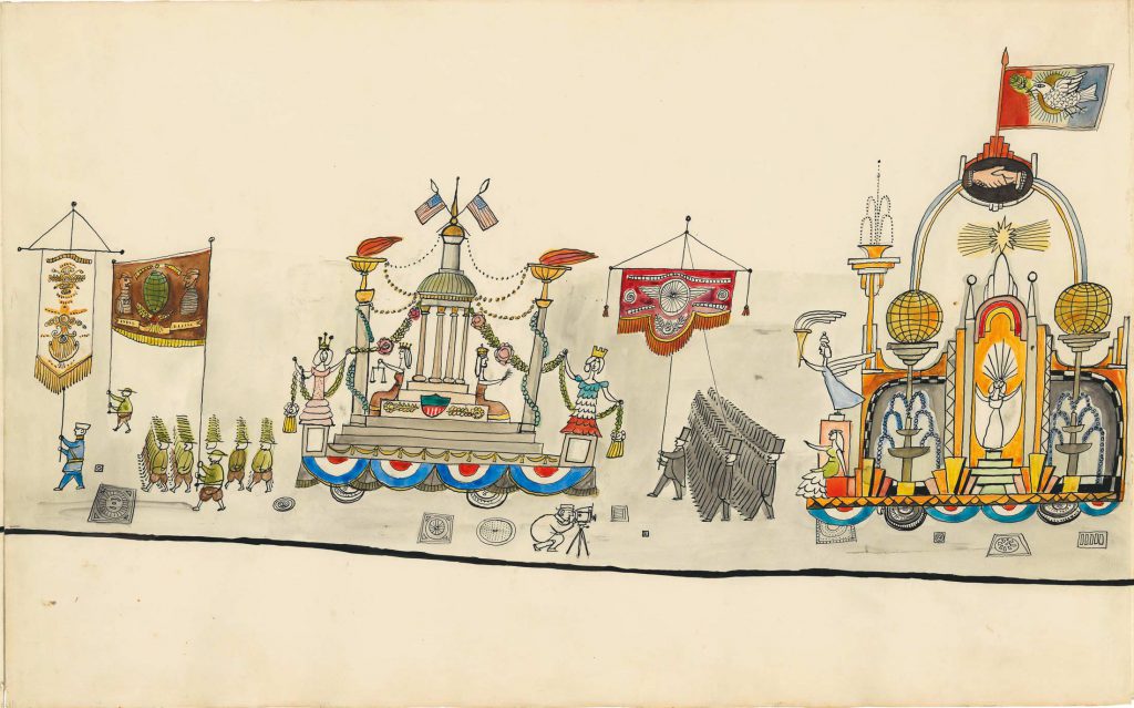 Panel 2 of Parade, 1951. Ink, crayon, and gold paper on paper, 14 9/16 x 23 1/16 in. The Metropolitan Museum of Art, New York; Purchase, Elihu Root, Jr. Gift and Rogers Fund.