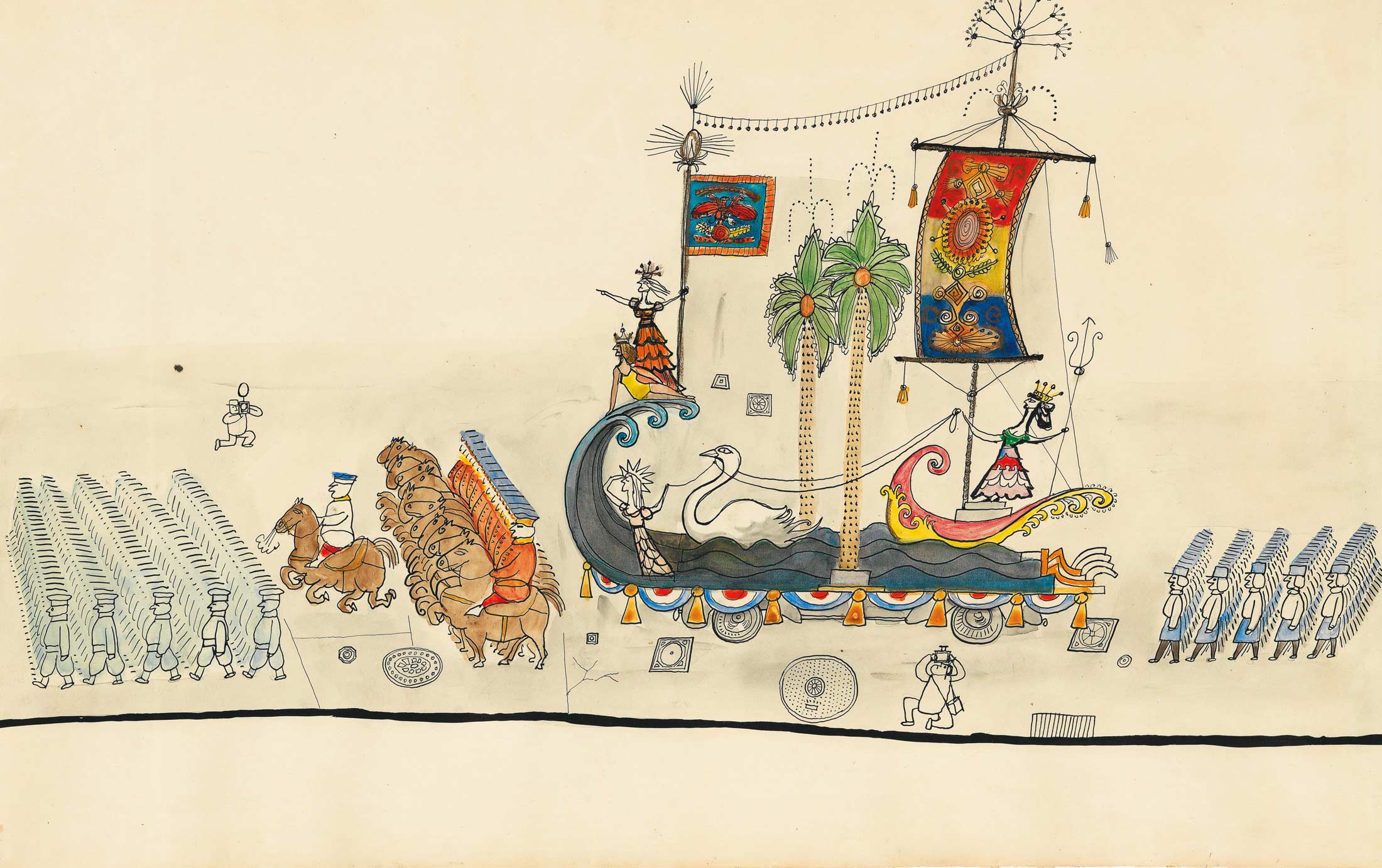 Panel 3 of <em>Parade</em>, 1951. Ink, crayon, and gold paper on paper, 14 9/16 x 23 1/16 in. The Metropolitan Museum of Art, New York; Purchase, Elihu Root, Jr. Gift and Rogers Fund.