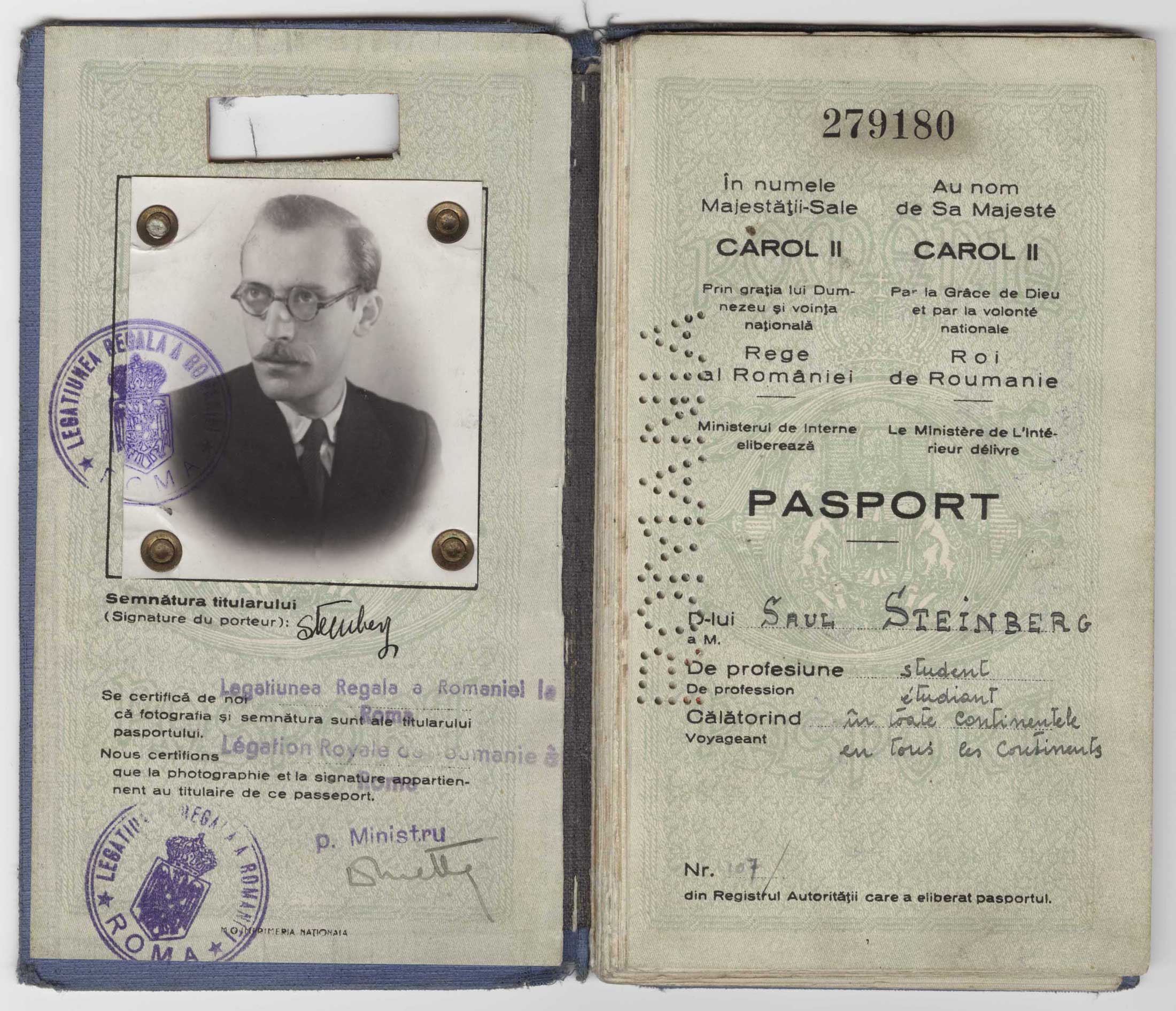 First page of Steinberg’s expired Romanian passport, 1940. Saul Steinberg Papers, Beinecke Rare Book and Manuscript Library, Yale University.