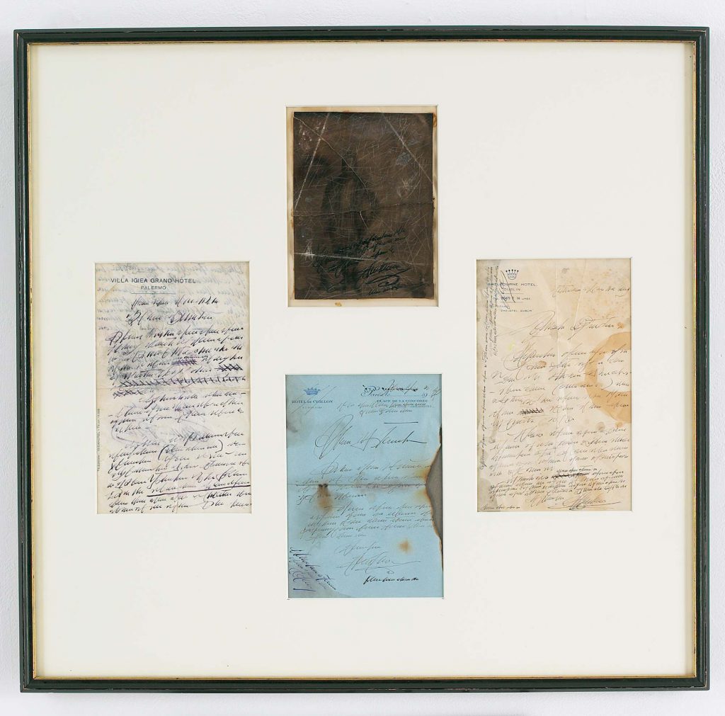 Diploma Series (Fake Letters), c. 1950-1952. Ink on 3 sheets of hotel letterhead; ink and wash on pseudo-photograph, 15 x 16 ½ in. Museum of Fine Arts, Boston; Gift of The Saul Steinberg Foundation.