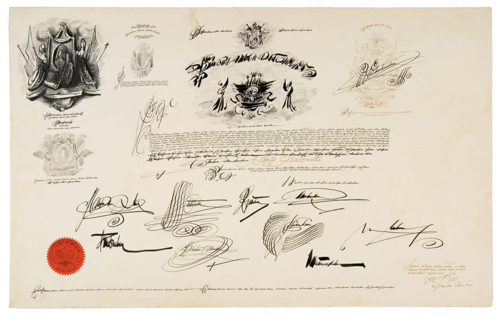 Diploma for Alberto Giacometti, 1953. Ink, rubber stamp, and seal on vellum, 14 ½ x 23 in. Fondation Giacometti, Paris.