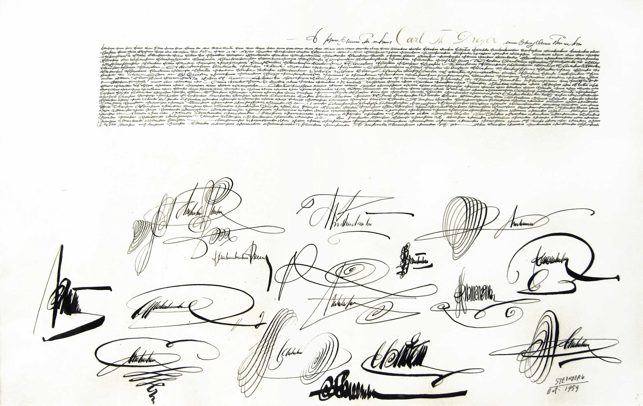 <em>The Declaration of Independence</em>, 1949-54 (inscribed to Carl Theodor Dreyer and dated to the time of the gift, 1959). Ink on paper, 14 ½ x 22 ¾ in. Private collection.
