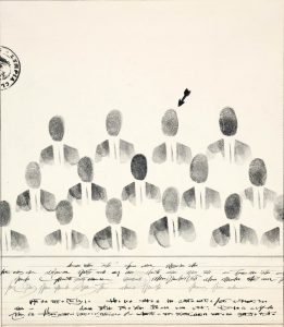 Group Photo, 1953. Ink, fingerprints, and rubber stamp on paper, 14 x 11 in. Collection of Richard and Ronay Menschel.