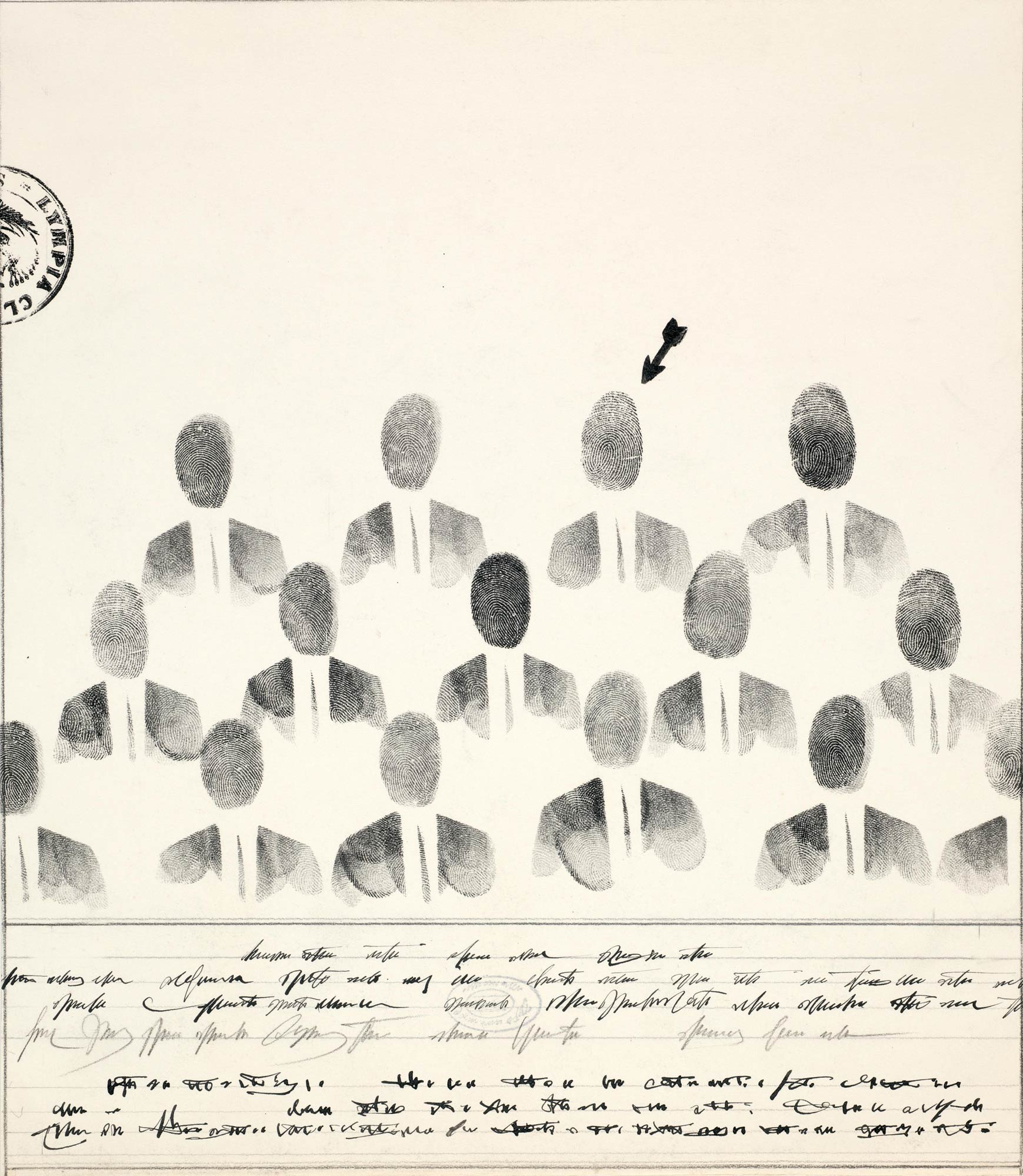 <em>Group Photo</em>, 1953. Ink, fingerprints, and rubber stamp on paper, 14 x 11 in. Collection of Richard and Ronay Menschel.