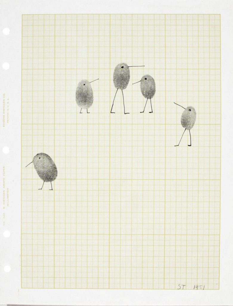 Untitled, 1951. Fingerprints and ink on paper, 11 x 8 ½ in. Collection of Daniela Roman.