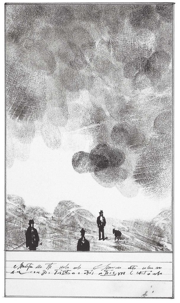 Fingerprint Landscape, 1950. Ink and fingerprints on paper, 14 ½ x 11 1/8 in. Saul Steinberg Papers, Beinecke Rare Book and Manuscript Library, Yale University.
