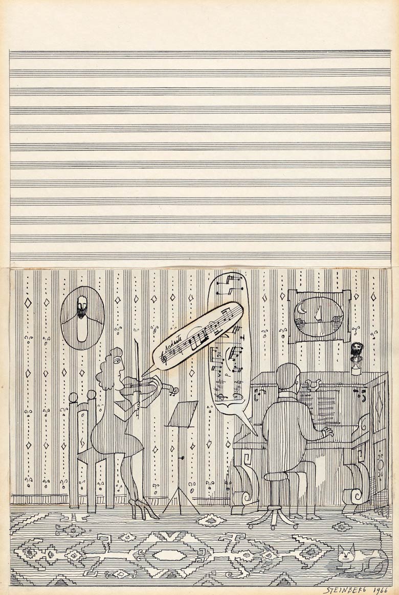 <em>Untitled</em>, 1966. Ink on sheet music paper, 18 x 12 in. Yale University Art Gallery; Charles B. Benenson, B.A. 1933, Collection. Originally published in <em>The New Yorker</em>, May 6, 1967.