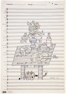 Untitled, 1971. Ink with crayon and colored pencil on sheet music paper, 14 ¼ x 20 1/8 in. The Art Institute of Chicago; Gift of The Saul Steinberg Foundation.