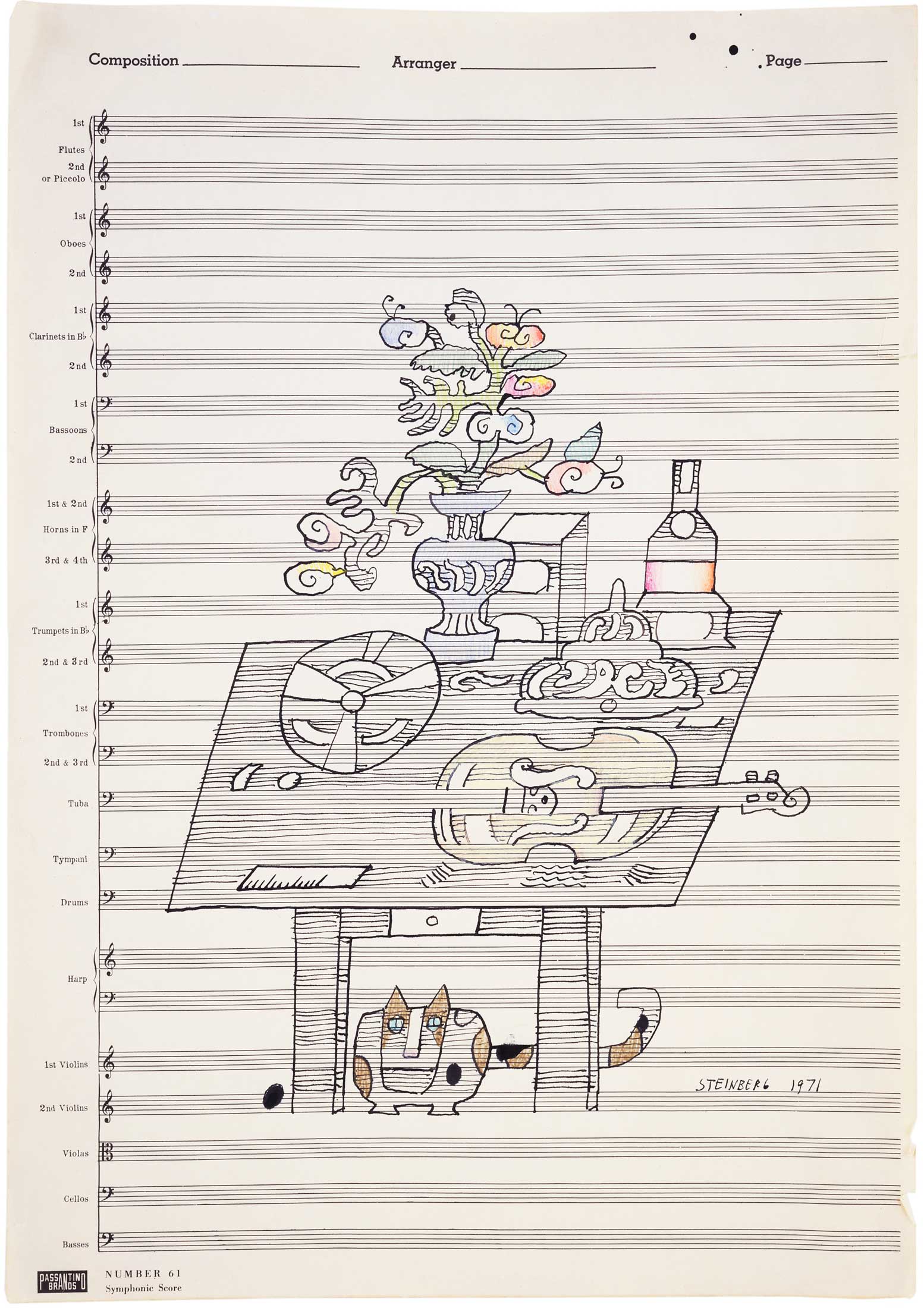 <em>Untitled</em>, 1971. Ink with crayon and colored pencil on sheet music paper, 14 ¼ x 20 1/8 in. The Art Institute of Chicago; Gift of The Saul Steinberg Foundation.