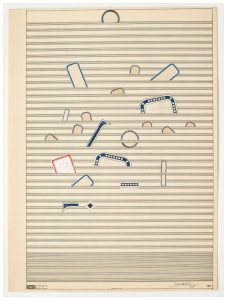 Untitled, 1968. Labels, pencil, and ink on sheet music paper, 19 x 14 1/8 in. Private collection.