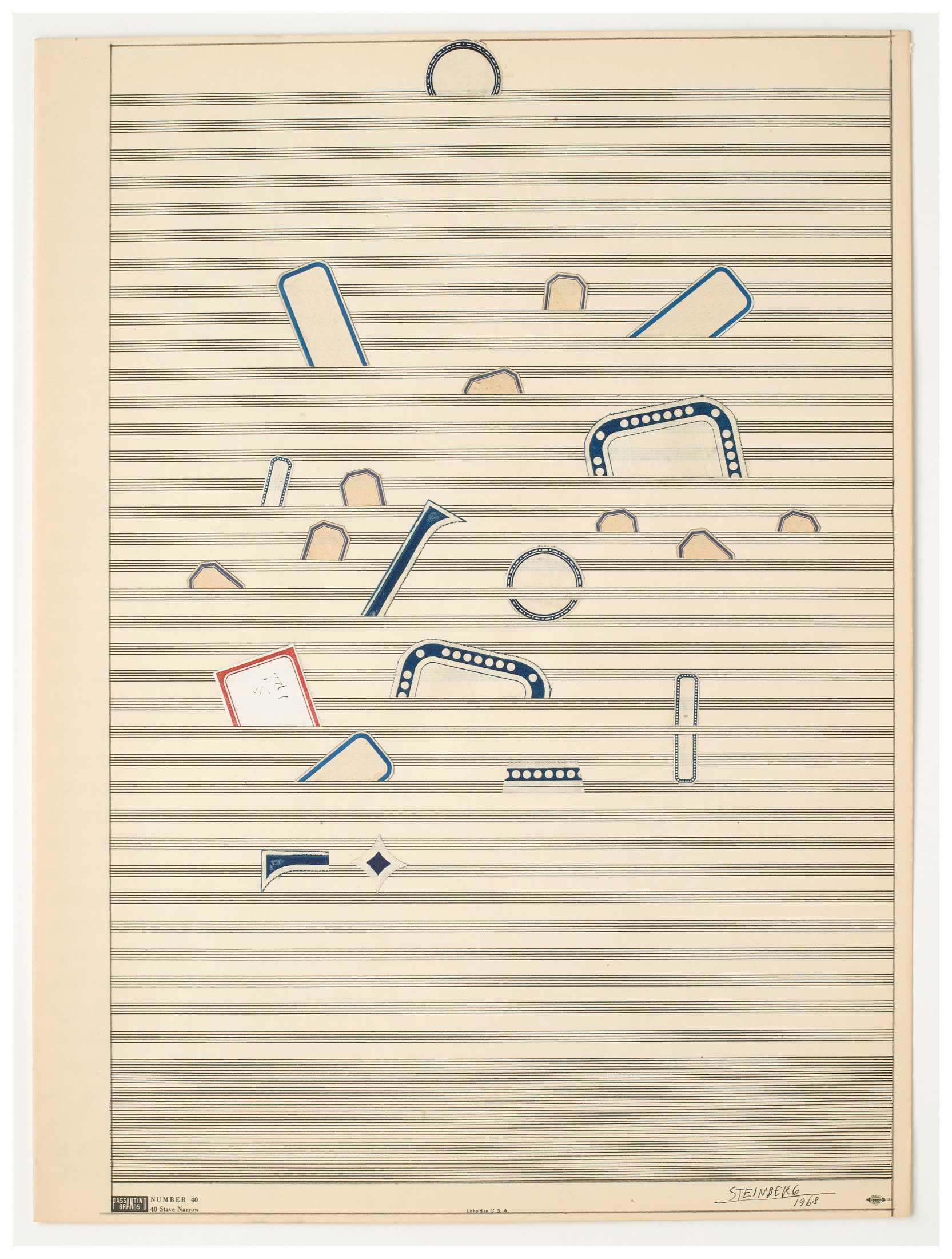 <em>Untitled</em>, 1968. Labels, pencil, and ink on sheet music paper, 19 x 14 1/8 in. Private collection.