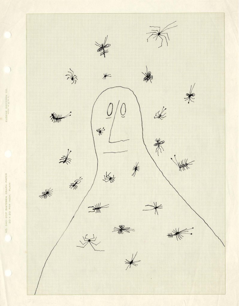 Untitled (Flyscreen), c. 1950. Ink on graph paper, 11 x 8 ½ in. Saul Steinberg Papers, Beinecke Rare Book and Manuscript Library, Yale University.