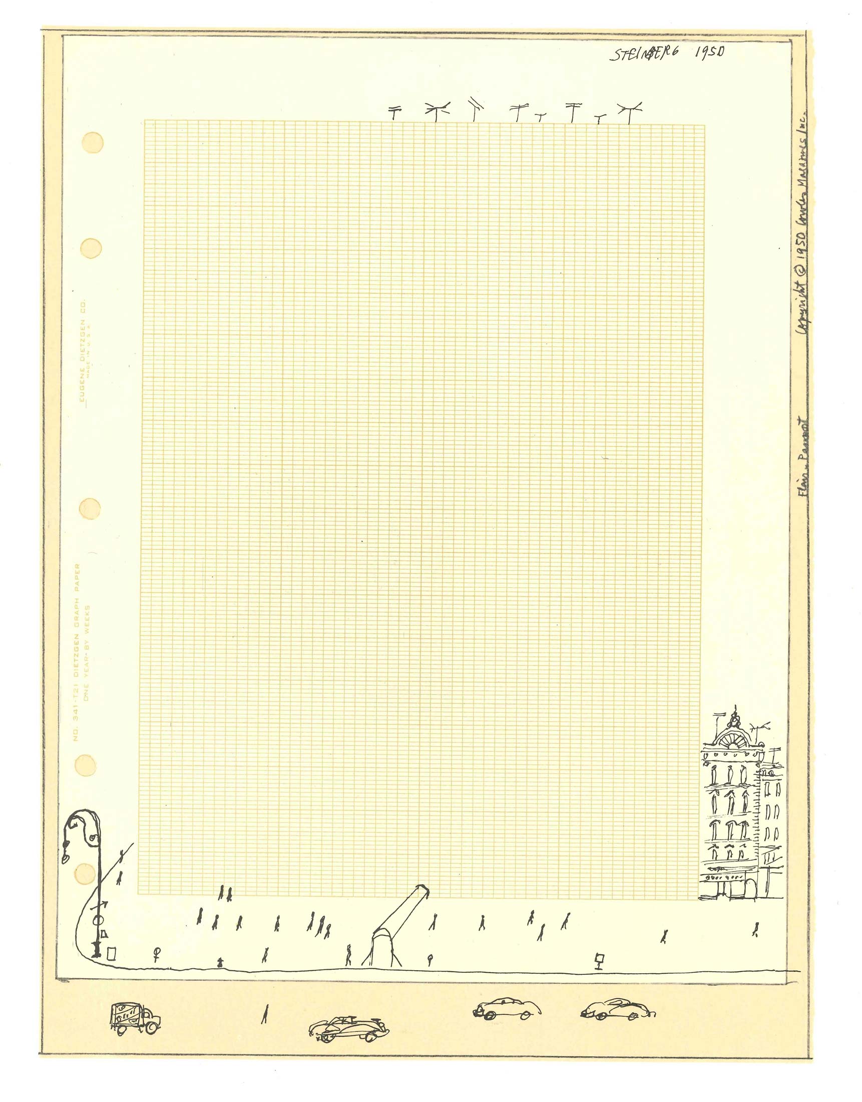 <em>Untitled</em>, 1950. Ink and graph paper, 12 x 9 in. Published in Steinberg, <em>The Passport</em>, 1954.