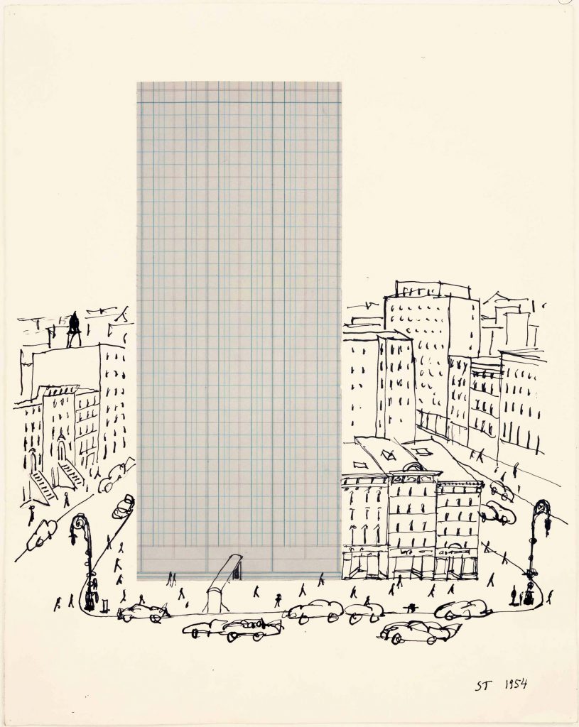 <em>Graph Paper Architecture</em>, 1954. Ink and collage on paper, 14 ½ x 11 ½ in. Collection of Leon and Michaela Constantiner, New York.