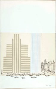 Park Avenue Collage, 1954. Ink and sheet music and graph papers, 22 7/8 x 14 3/8 in. Centre Pompidou, Paris; Gift of The Saul Steinberg Foundation.