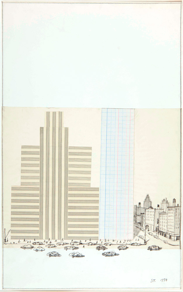 <em>Park Avenue Collage</em>, 1954. Ink and sheet music and graph papers, 22 7/8 x 14 3/8 in. Centre Pompidou, Paris; Gift of The Saul Steinberg Foundation.