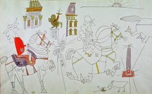 Drawing for mural at Bonwit Teller’s department store, 1947. The Obelisk Rider, 1947. Watercolor and ink on paper, 14 ½ x 23 in. Collection of Carol and Douglas Cohen.