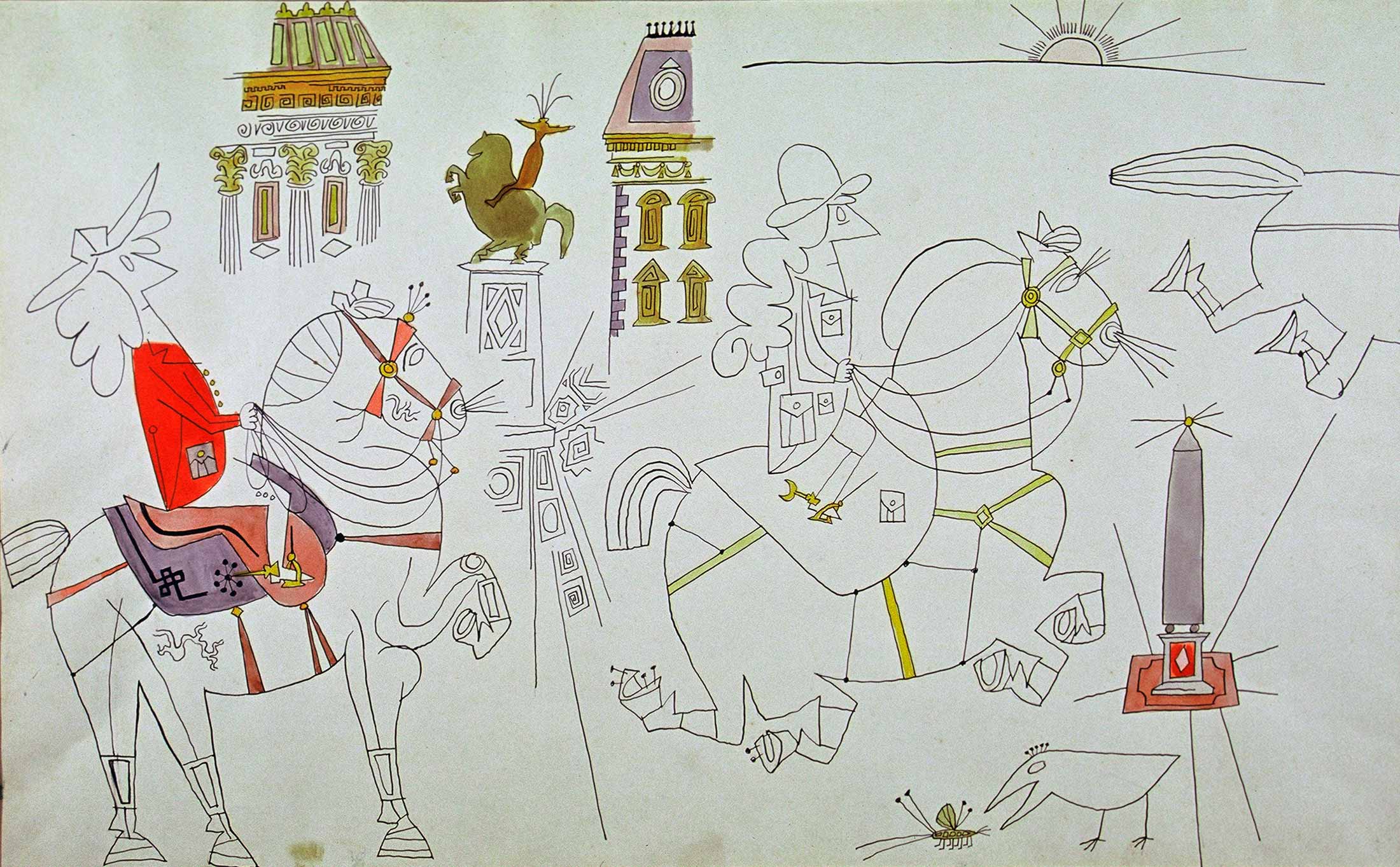 Drawing for mural in the Bonwit Teller department store:  <em>The Obelisk Rider</em>, 1947. Watercolor and ink on paper, 14 ½ x 23 in. Collection of Carol and Douglas Cohen.