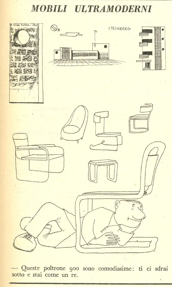 “Mobili ultramoderni” (“Ultramodern Furniture”), <em>Bertoldo</em>, November 16, 1937. “This Novecento armchair is super comfortable. You can lie under it and be like a king.”