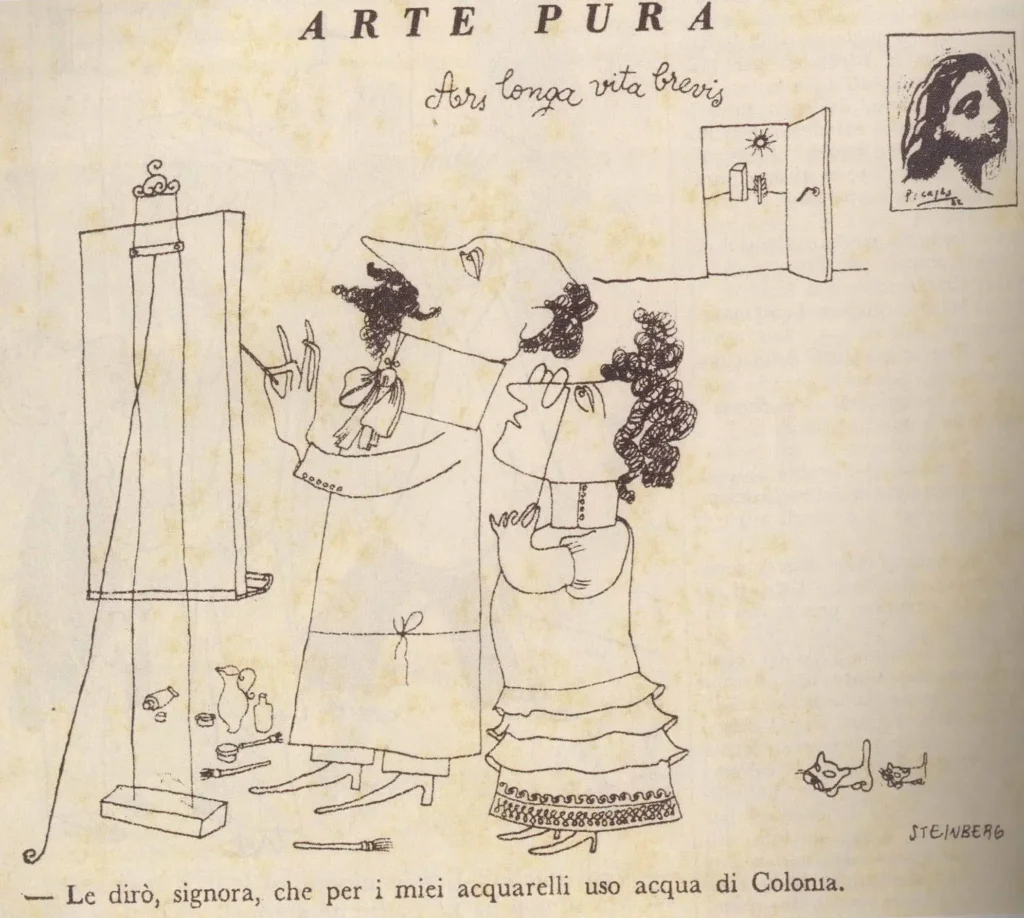 “Arte pura,” Bertoldo, August 27, 1937. “I’m telling you, madame, for my watercolors I use eau de Cologne.”