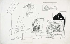 Untitled, 1959. Ink on paper, 14 ½ x 23 in. Saul Steinberg Papers, Beinecke Rare Book and Manuscript Library, Yale University. Originally published in The New Yorker, August 29, 1959.