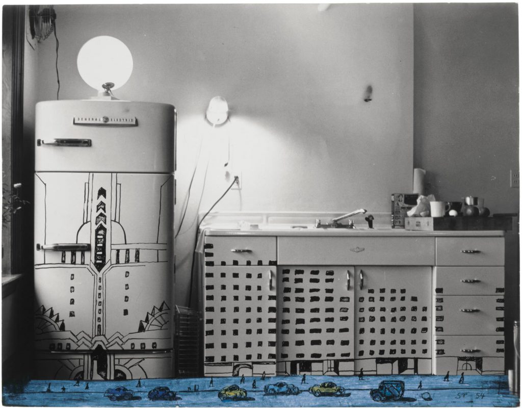 Kitchen Street, 1954. Colored pencil, gouache and ink on gelatin silver print, 11 x 14 in. Collection of Richard and Ronay Menschel.