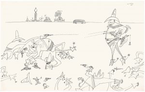 Cowboys, 1951. Ink on paper, 14 x 22 in. The Art Institute of Chicago; Gift of The Saul Steinberg Foundation.
