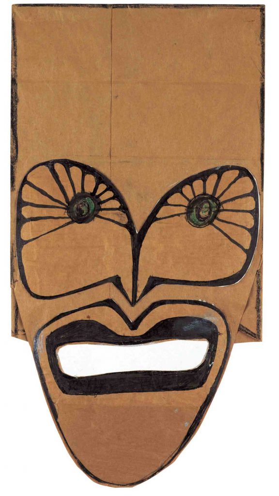 <em>Mask</em>, 1961. Ink, crayon, and collage on brown paper bag, 15 ¾ x 8 ¼ in. Art Institute of Chicago; Gift of The Saul Steinberg Foundation.