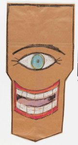 Mask, 1961-62. Ink and crayon on brown paper bag, 15 7/8 x 7 7/8 in. The Art Institute of Chicago; Gift of The Saul Steinberg Foundation
