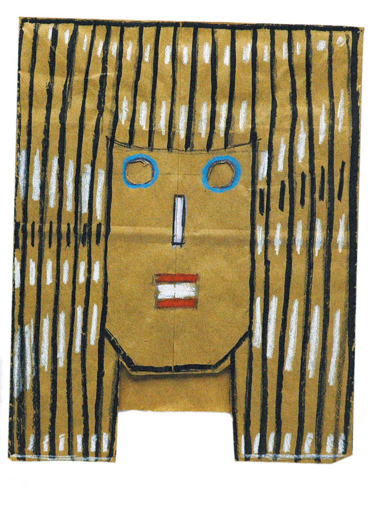 <em>Mask</em>, 1959-62. Marker, colored pencil, crayon, and pastel on brown paper bag, 10 5/8 x 8 3/8 in. The Saul Steinberg Foundation