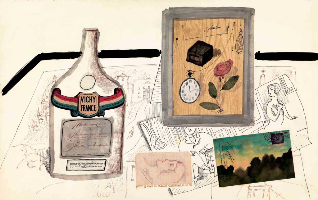 <em>Vichy Water Still Life</em>, c. 1953. Ink, pencil, watercolor, lacquer, wash, veneer, and collage on paper, 14 ½ x 23 in. National Gallery of Art, Washington, DC; Gift of The Saul Steinberg Foundation.