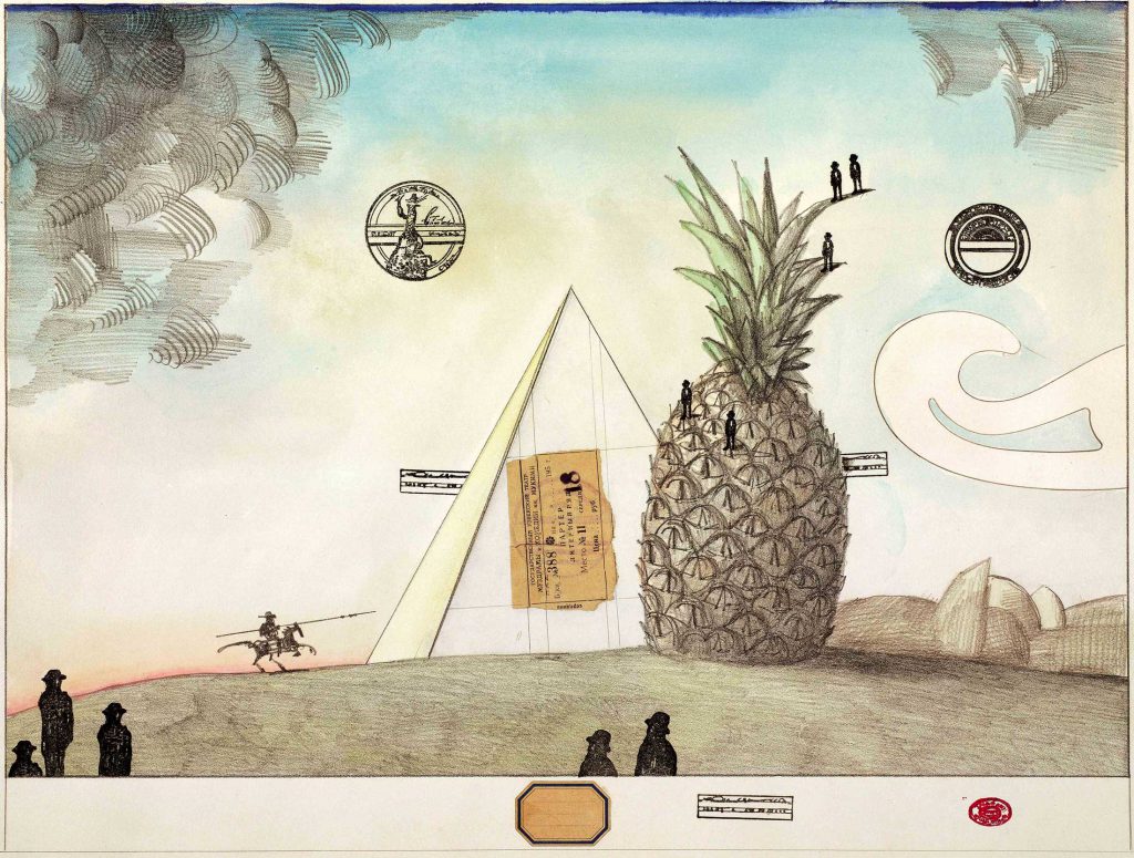 <em>Untitled [Knight and Pineapple]</em>, c. 1970. Pencil, colored pencil, collage, watercolor, ink, and rubber stamps on lithograph, 23 ½ x 30 in. Private collection