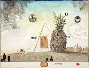 Untitled [Knight and Pineapple], c. 1970. Pencil, colored pencil, collage, watercolor, ink, and rubber stamps on lithograph, 23 ½ x 30 in. Private collection