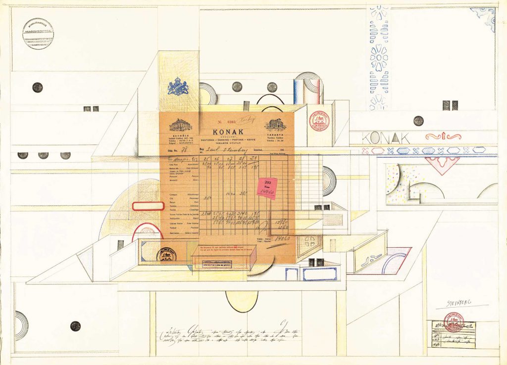 <em>Konak</em>, c. 1970. Colored pencil, pencil, rubber stamps, and collage on paper, 23 x 31 ½ in. The Art Institute of Chicago; Gift of The Saul Steinberg Foundation.